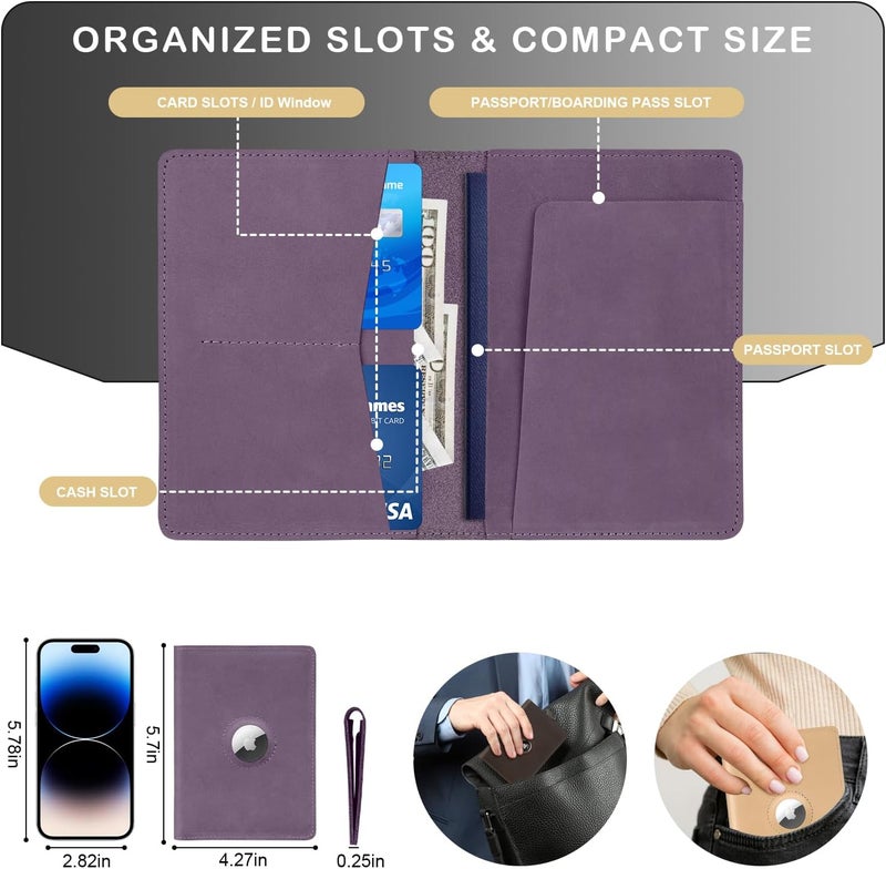 Kicoroiny Airtag Passport Holder for Women Men Travel, Real Leather Passport Wallet, Handmade Passport Cover Case with Airtag Slot, Travel Must Haves Essentials Accessories Birthday Gifts (Crazy Horse, Purple) - Image 5